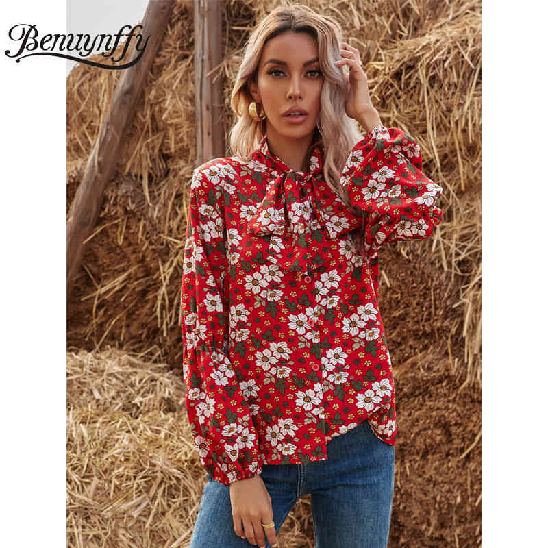 Bow Tie Neck Floral Print Button Up Shirt Women Spring Lantern Long Sleeve Office Casual Ladies Tops and Blouses 210510