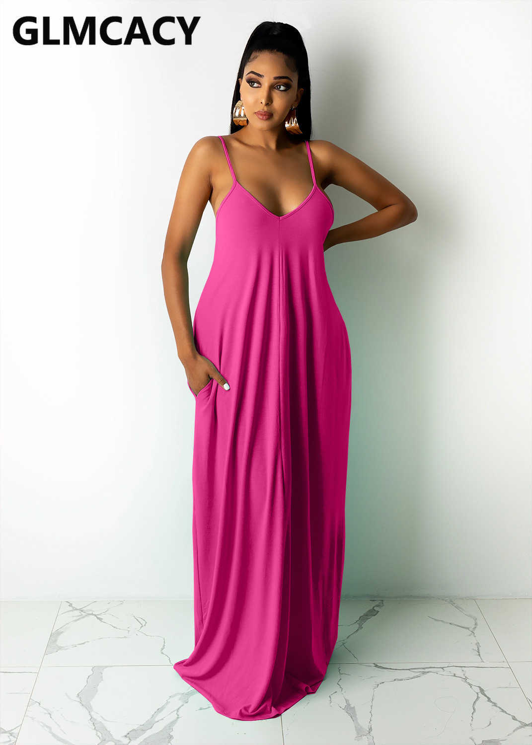 Women Spaghetti Strap Sleeveless Solid Maxi Dress 210702