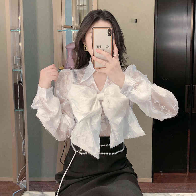Sweet Big Bowknot Shirt For Women Turn Down Collar Blouse Female Summer Sexy Hollow out Tops Clothes 210519