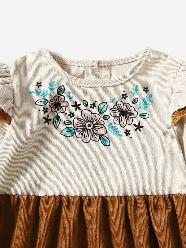 Toddler Girls Floral Print Ruffle Trim Corduroy Smock Dress SHE