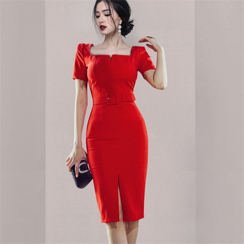 Summer Temperament Elegant Ladies Square Collar Short Sleeve Sheath Dress Bodycon Fashion Office OL Red Pencil 210519