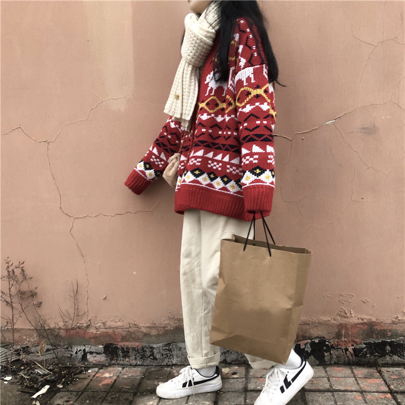 Kawaii Sweet Autumn Sweater Female Cardigan Loose Knit Coat Cute Cartoon Print V Neck Jumper Jacket Damski 210422