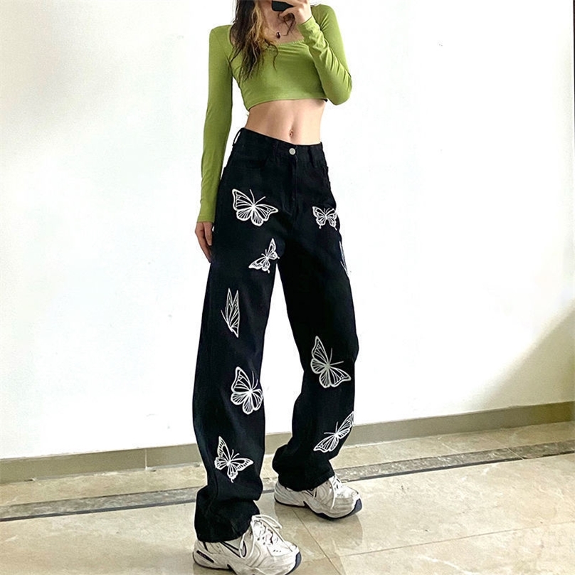 HOUZHOU Y2K Black Women Jeans Pants Vintage Streetwear Oversize Low Waist Wide Leg Trousers Loose E Girl Cowboy 210922