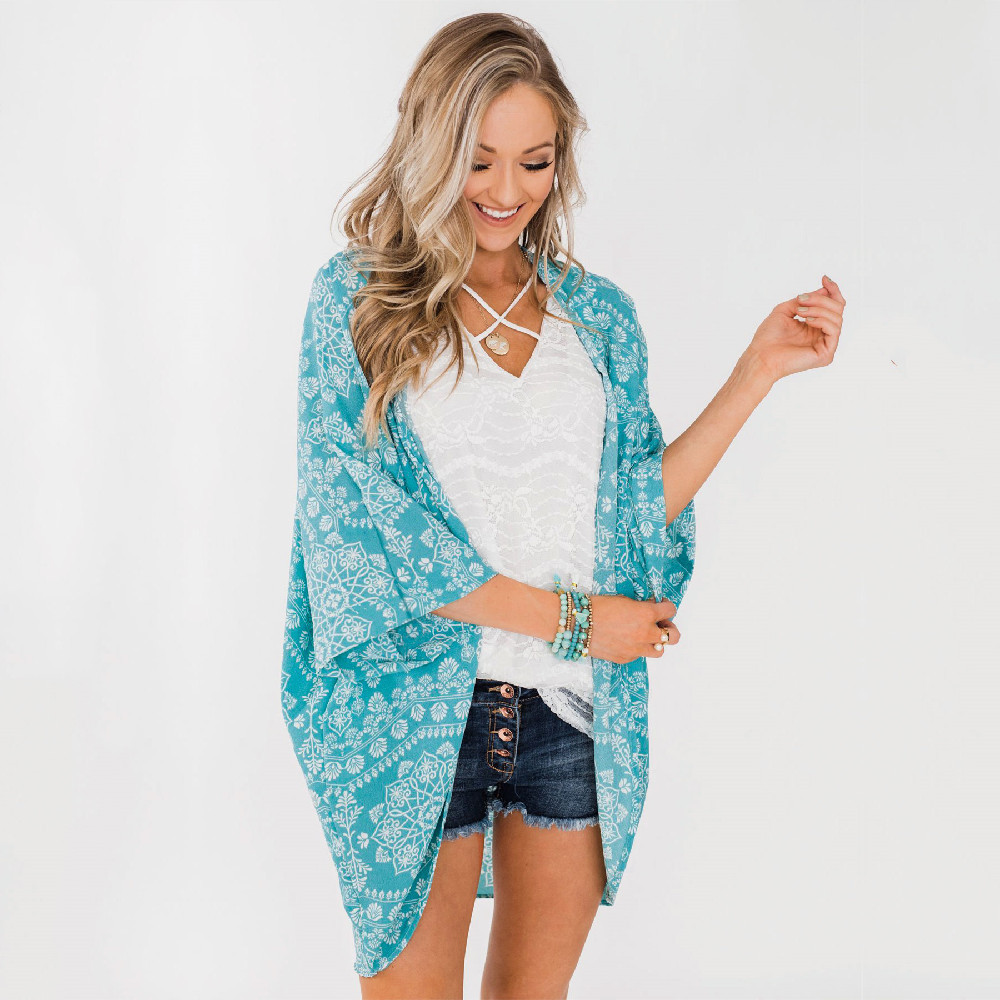 Blue Boho Print Chiffon Bathing Suit Cover-ups Plus Size Beach Wear Short Kimono Dress Women Summer Swimsuit Cover Up A824 210420