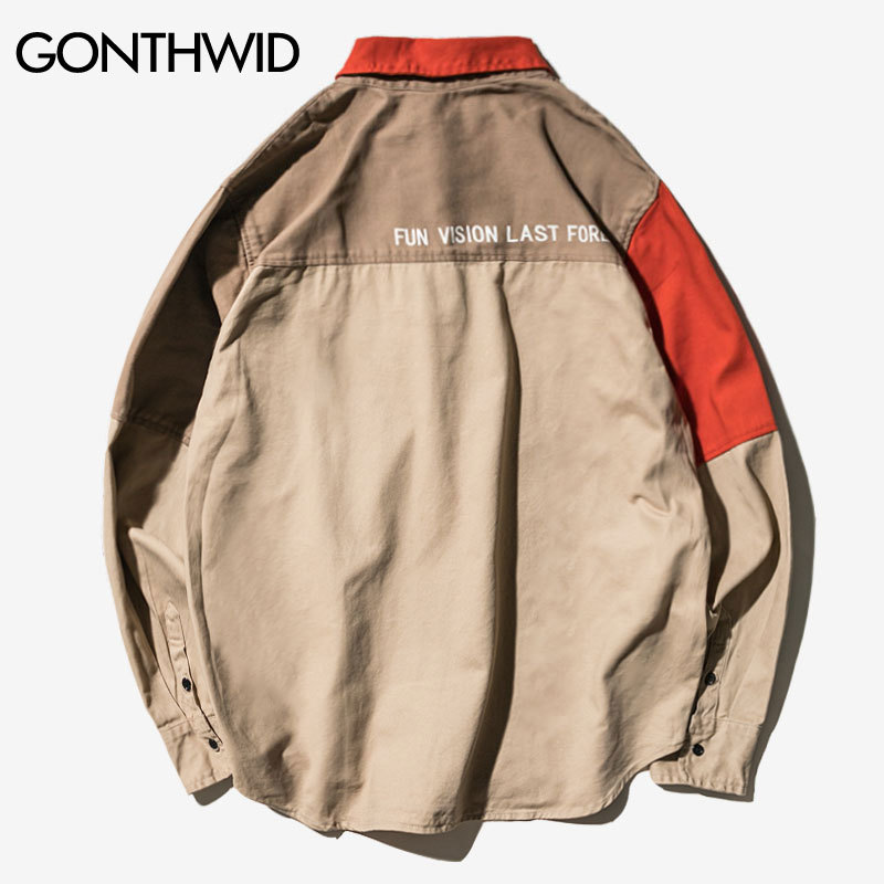 GONTHWID Color Block Patchwork Long Sleeve Dress Shirts Harajuku Casual Button Down Shirt Men Fashion Hip Hop Streetwear Tops 210410