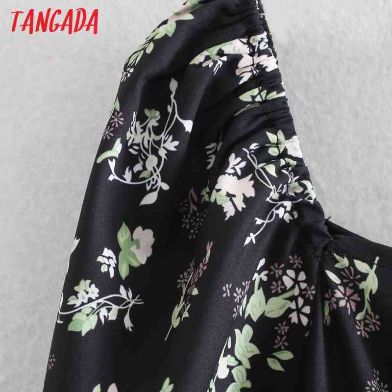 Fashion Women Flowers Print Puff Long Sleeve Square Collar Casual Female Midi Dress 2W75 210416