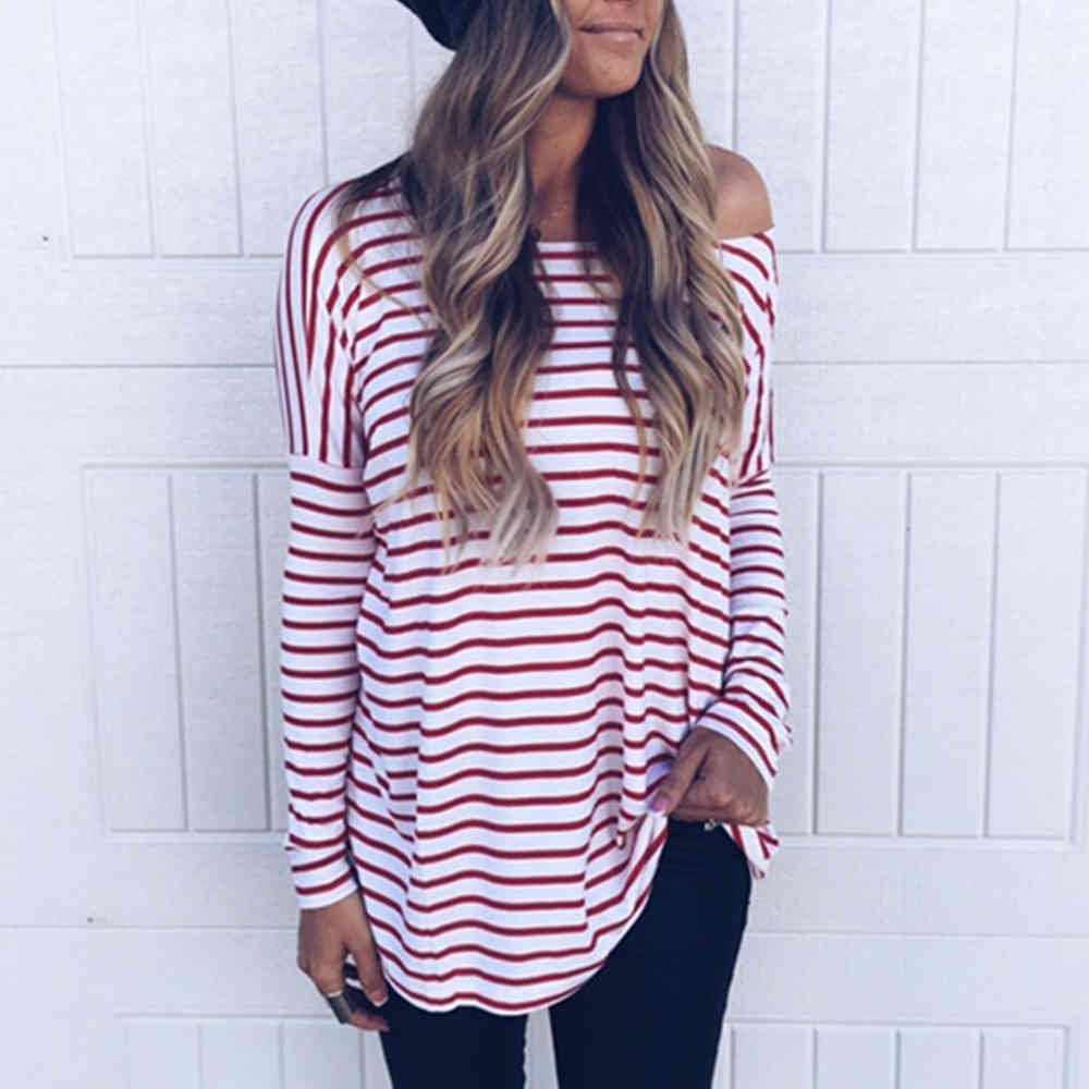 Women Skew Collar Korean Style T Shirt Harajuku op Long sleeve Striped ops Female Autumn Casual ops 210428