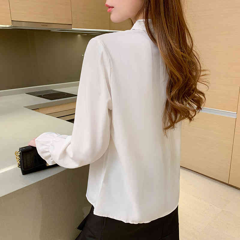 Fashion Autumn Long Sleeve White Womens Blouses Bow Tie Sweet Slim Shirt All-match Casual 10780 210512