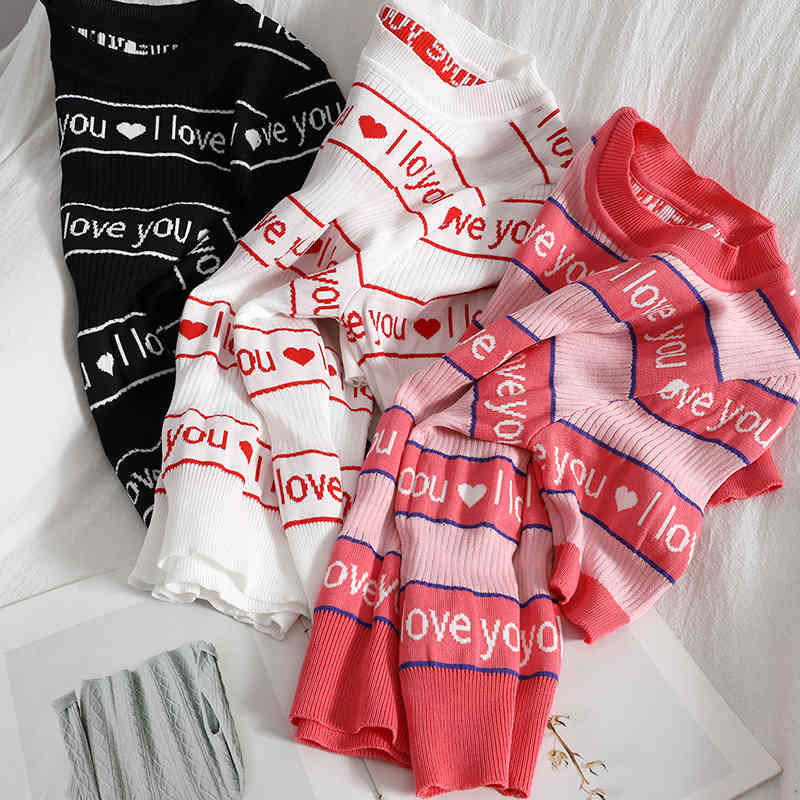 Korean version of the contrast color round neck sweet striped sweater summer printed hedging love thin student shirt 210525, Black
Korean version of the contrast color round neck sweet striped sweater summer printed hedging love thin student shirt 210525, Black