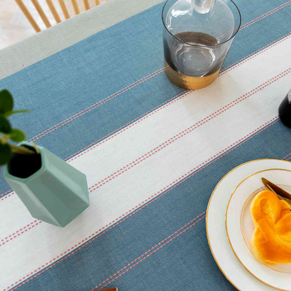 Home Decoration Simple Stitching Stripes Party Tassel Cotton Linen Tablecloth Home Textile Rectangle Dining Table Cover
