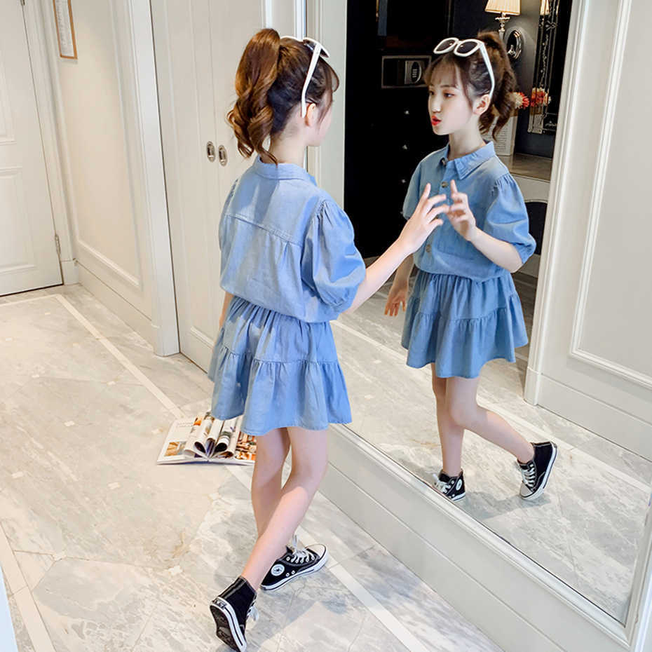 Kids Clothes Girls Denim Tshirt + Short Teenage Clothing Casual Style Sets Summer Children's 6 8 10 12 14 210528
