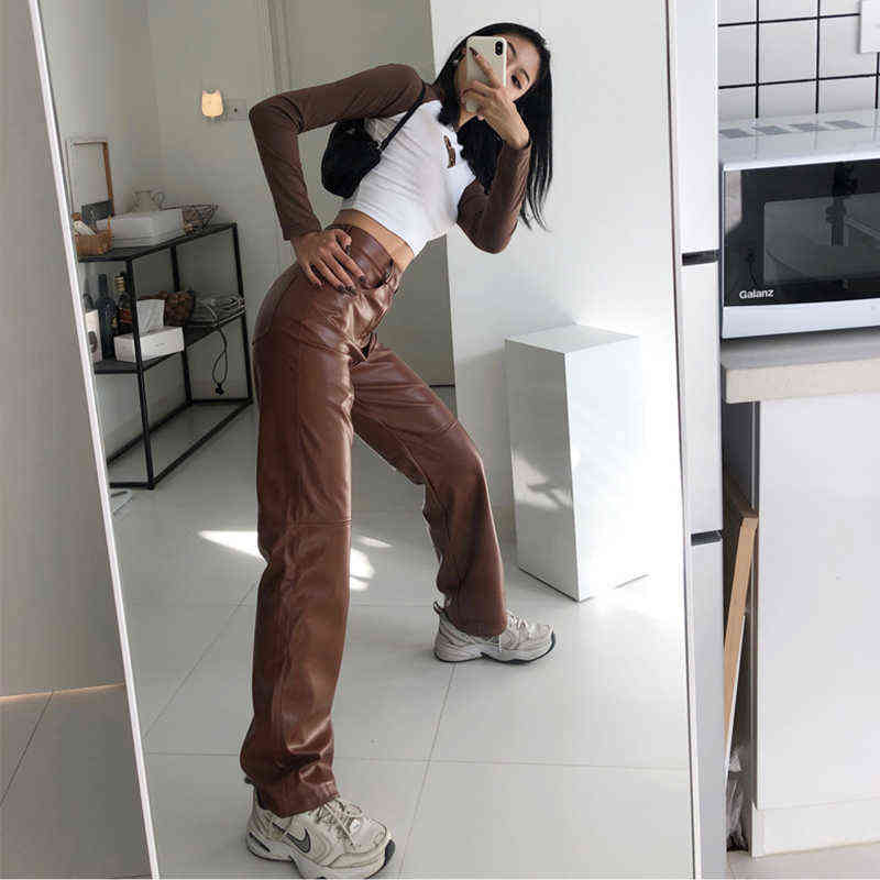 High Waisted PU Leather Pants Women Jogger Casual Fashion Side Pockets Straight Wide Leg Loose Vintage Brown Trousers 211115
