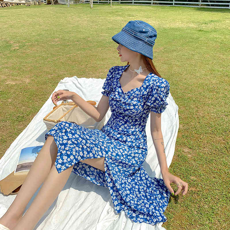 Comelsexy French Ruffle Women Sexy Floral Split Dress Office Lady Korean Style Summer Elegant Chiffon Slim Boho Skirt Vestidos 210515