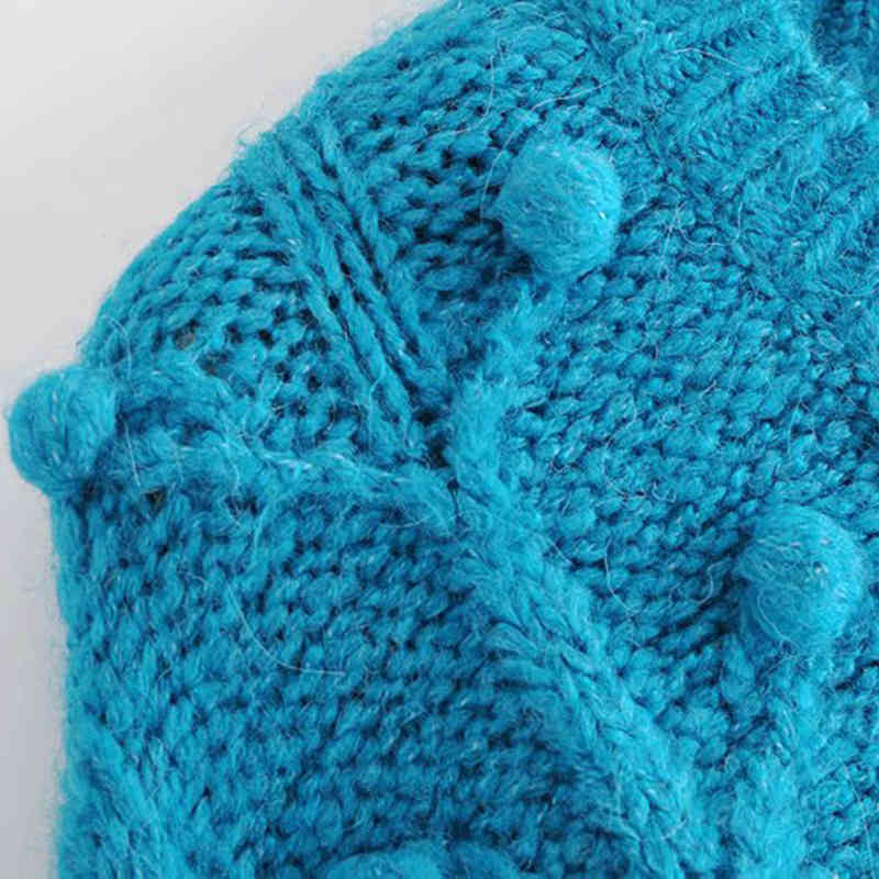 Costume Jewelry Pearl Button Twisted Ball Knit Jacket Fashion Sky Blue Chic Lady Elegant Sweater Cardigan 210521
