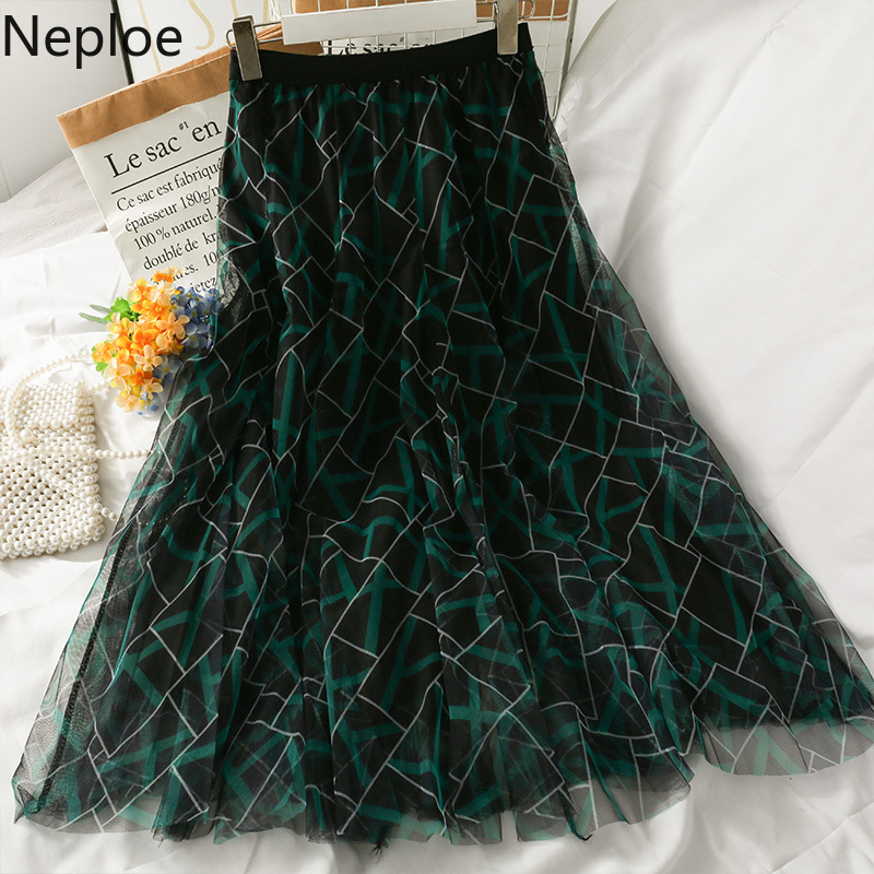 Neploe Plaid Printed Skirt Women Mid-length Gauze A-line Jupe Summer Elastic High Waist Faldas Korean Fashion Slim Saia 210422
