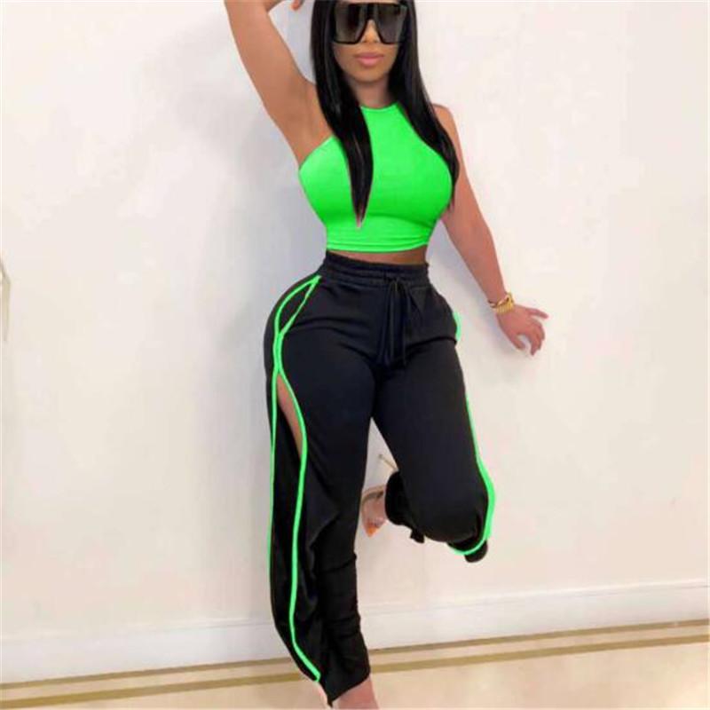 Women Sexy 2pcs Sets Slim Short Tank + Long Pants Tracksuits Summer Sleeveless Solid Color Vest Side-opened Sport Trousers Suits Women's