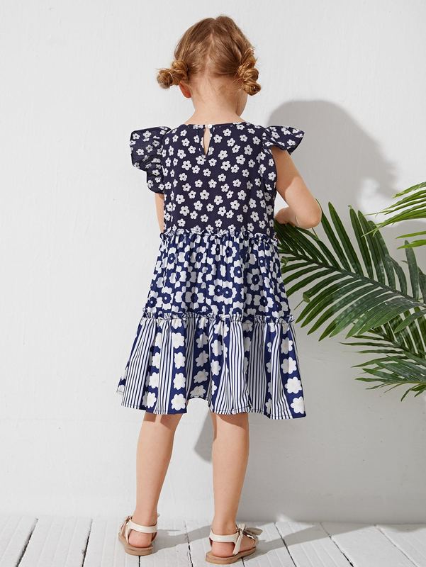 Toddler Girls Frill Trim Floral and Striped Dress SHE