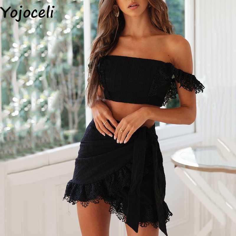 Yojoceli boho beach lace embroidery dres off shoulder croceht 2 pieces set 210609