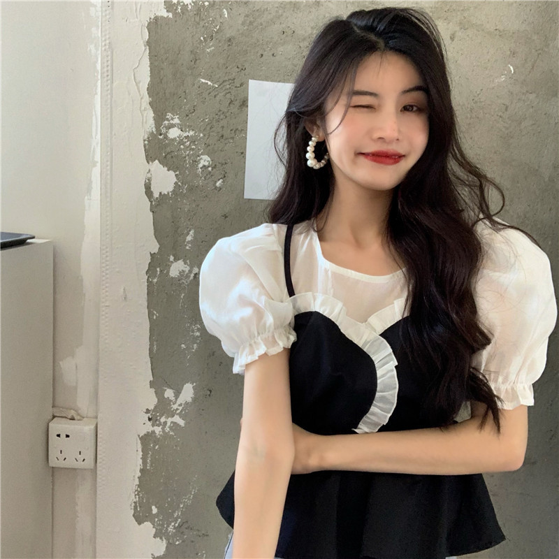 Nomikuma Korean Hit Color Patchwork Women Blouse Tops Ruffle Sweet Puff Sleeve O-neck Blusas Femme Slim Waist Short Shirt 6G319 210427