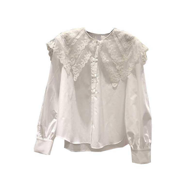 Spring All Match Solid Lace Patchwork Peter Pan Collar Full White Shirt Women's Loose Top 210615