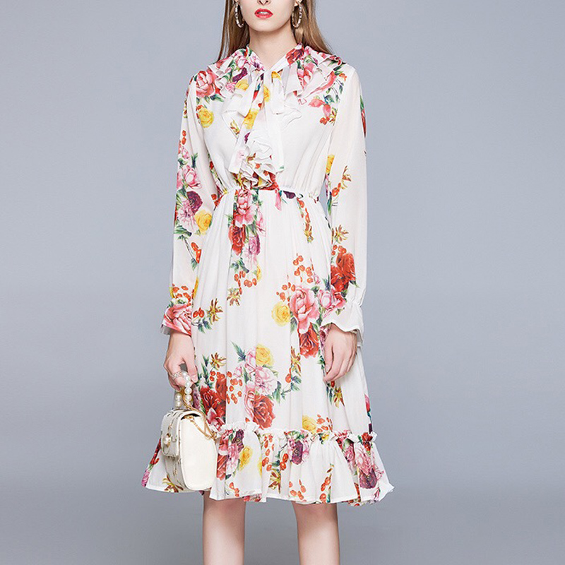 ruffles ruched flower printed midi dress elegant lady white chiffon boho dresses casual party plus size robe vestidos 210421