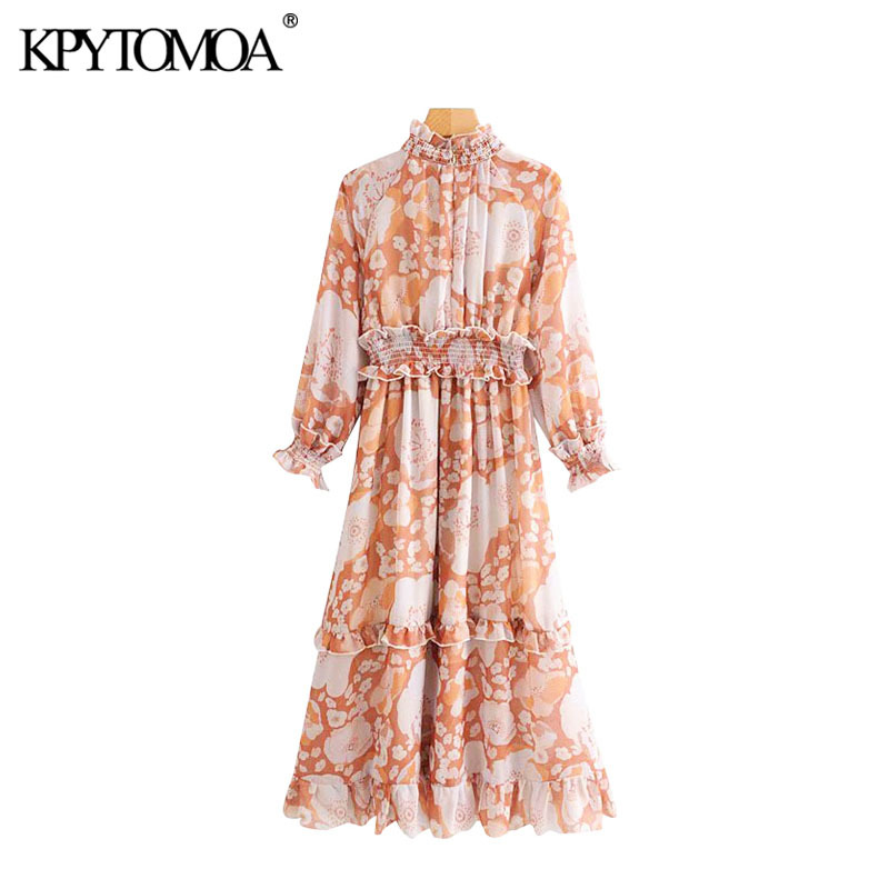 Stylish Floral Print Ruffled Midi Dress Women Fashion Long Sleeve Elastic Waist Office Wear Female Dresses Vestidos 210420