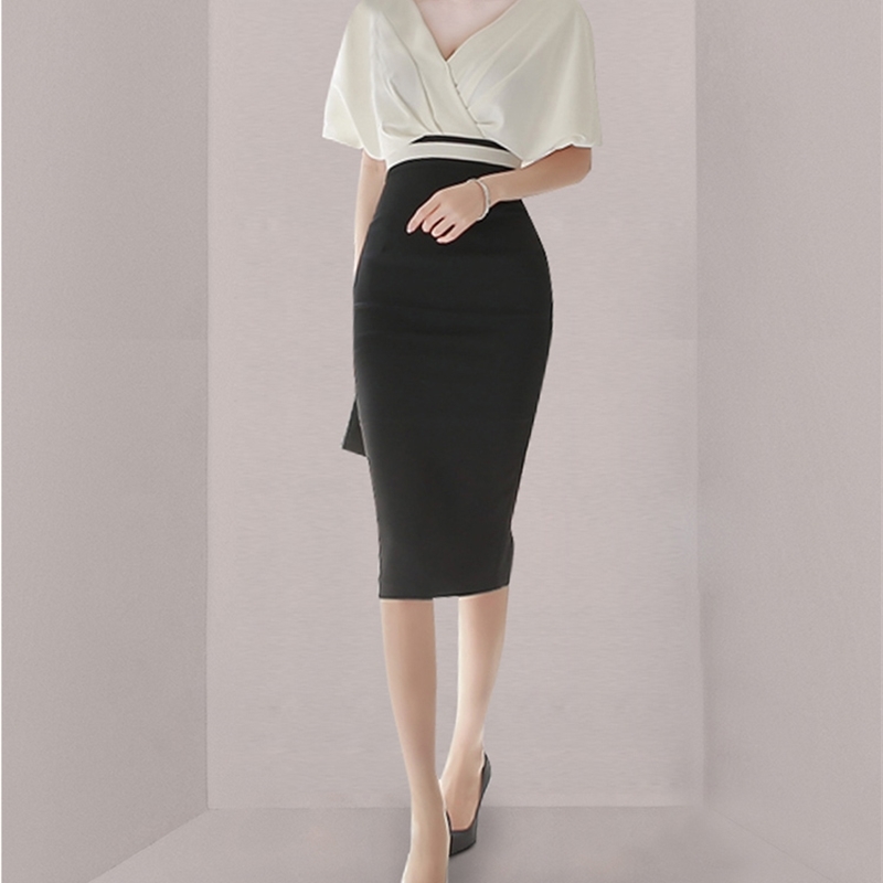Women Office OL Slim Bodycon Short Sleeve Pencil Work Dresses Vestidos Ladies High Waist Hit Color Party Dress Female 210519