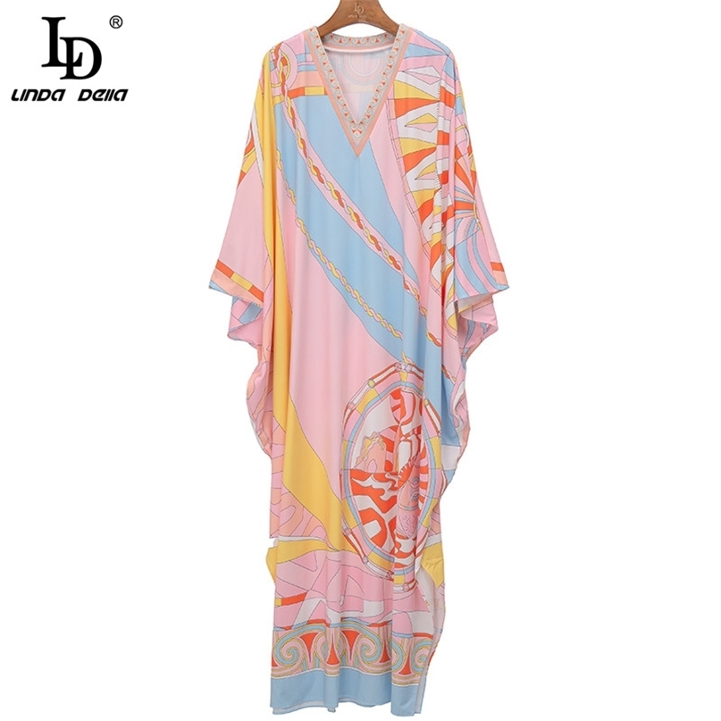 Multicolor Print Summer Women Vintage Floor-Length Dress Runway Female V-neck Ruffles Loose Elegant Maxi 210522