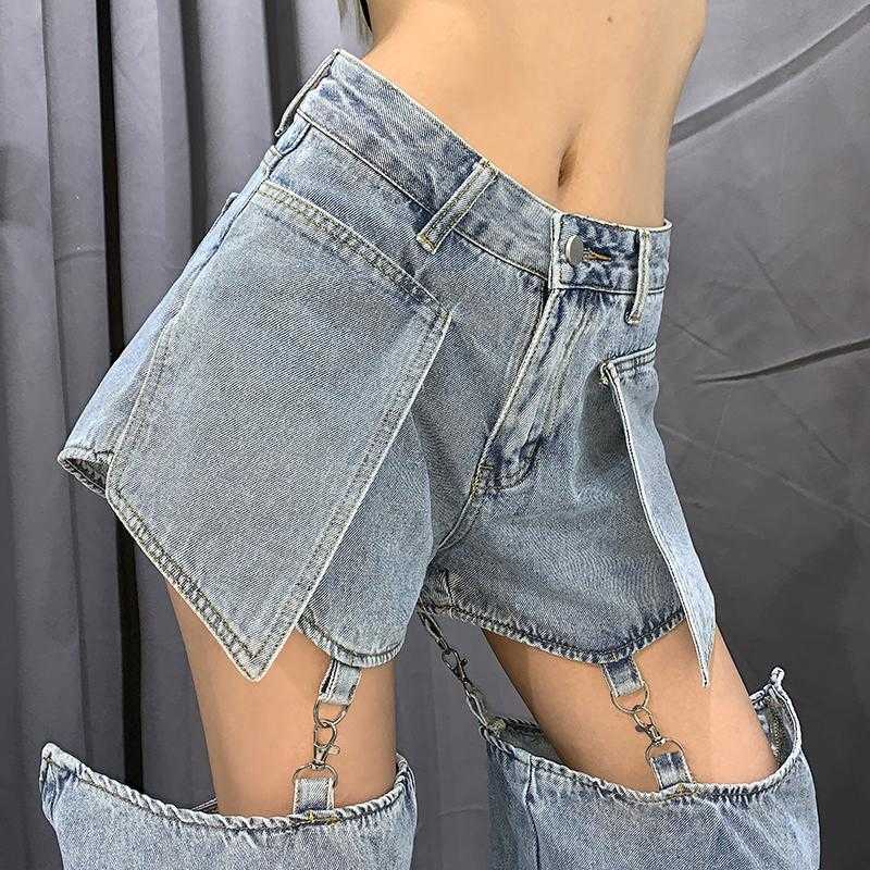 High street Jeans Women Splice Wide Leg Trousers Hiphop cotton Loose Retro Chain Removable Cool Girls Womens Denim pants 210922