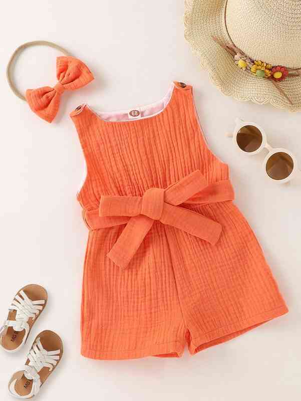 Baby Solid Belted Romper With Headband SHE