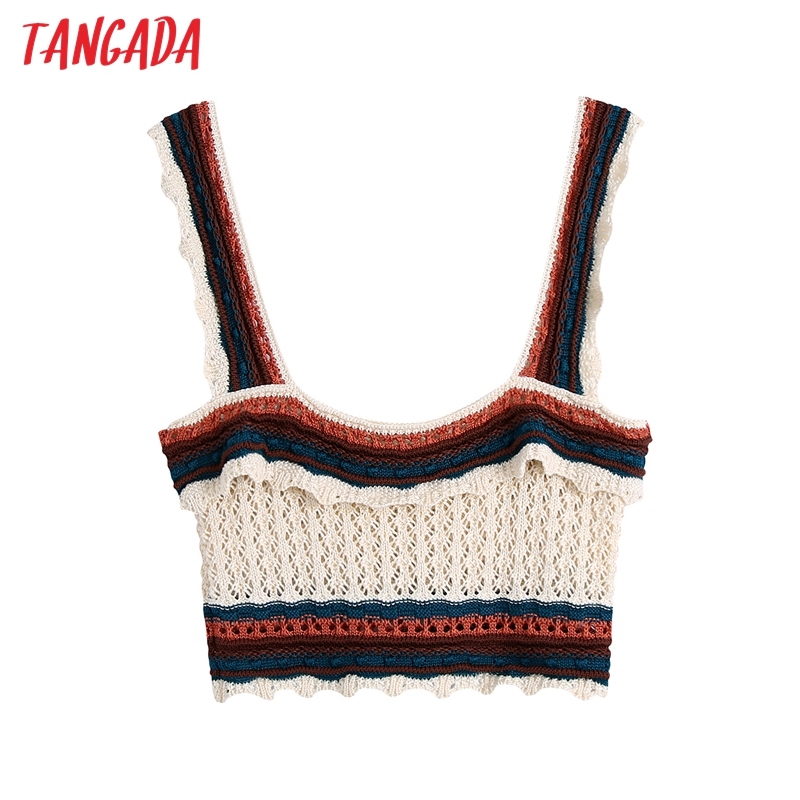 Women Fashion Color Match Crochet Short Camis Ladies Vintage Knitted Female Summer Chic Crop Tops BE230 210416