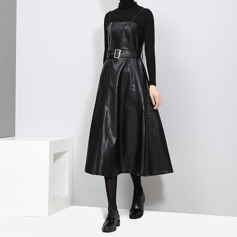 Ly Varey Lin Autumn Strapless Black Pu Leather Long Dress Women High Waist Belt Zipper Loose Vestidos 210526