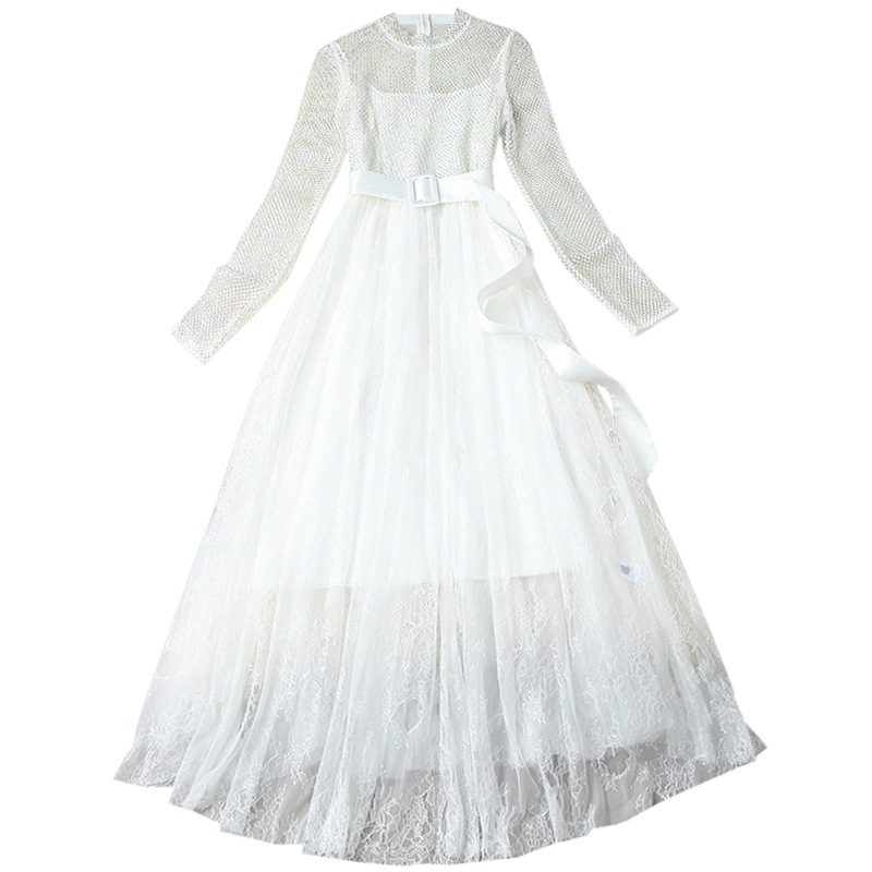 HIGH QUALITY Summer Women Elegant Long Sleeve Perspective Mesh Patchwork Lace Belt Diamond Hollow Out White Dress 210521