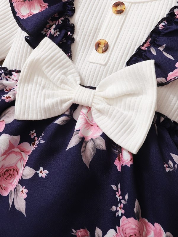 Baby 2 In 1 Floral Ruffle Trim Bow Front Dress & Headband SHE