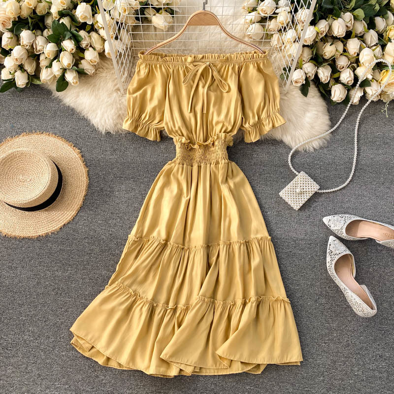 Summer Dresses Solid A-line Short Sleeve Beach Style Sweet Korean Off Shoulder Dress Bow Vestidos High Waist Robe 210519