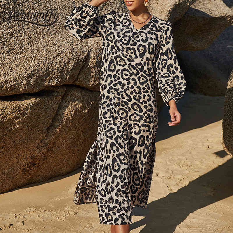 V-neck Leopard Print Split Long Dresses Fashion Casual Women Sleeve Spring Summer Dress Beach Vestidos 210510