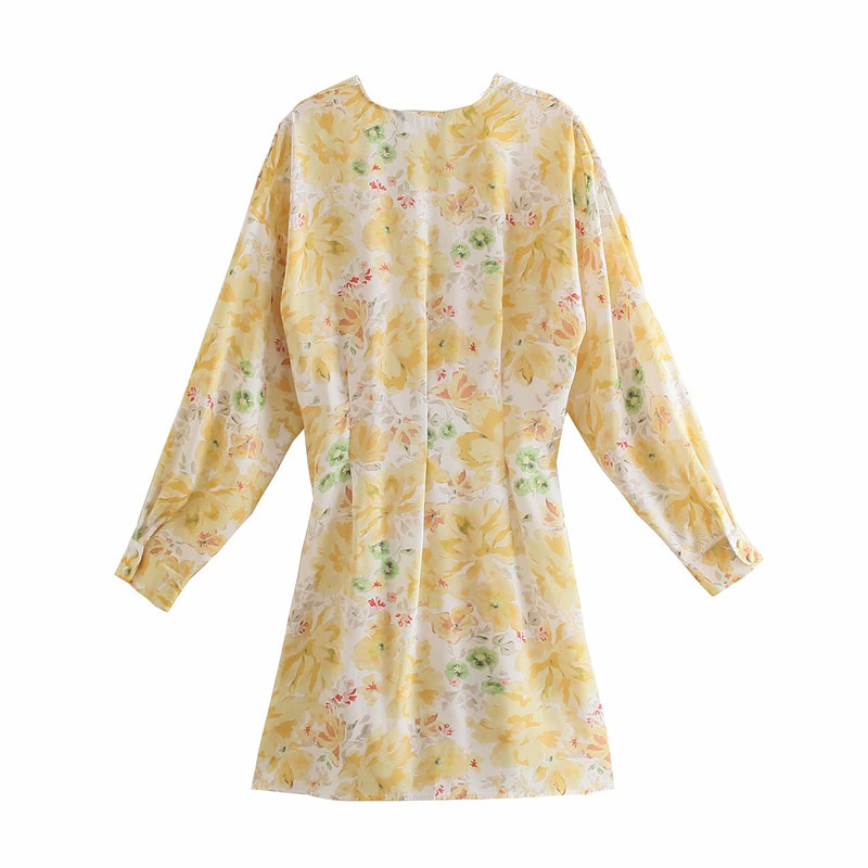 Sweet Women V Neck Bow Lace Dress Spring-autumn Fashion Ladies Chinese Style Female Flower Print Mini 210515