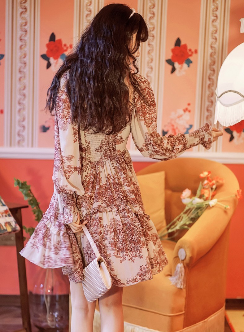 Women Spring Elegant Square Collar Puff Sleeve Floral Print Chiffon Dresses Vintage High Waist Chic Ruffle Dresses Vestidos 210518