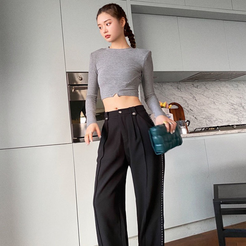 Autumn Grey Long Sleeve T-shirt Female Loose Temperament Crop Top Cotton O-neck Slimming Short Ropa De Mujer 11910 210427