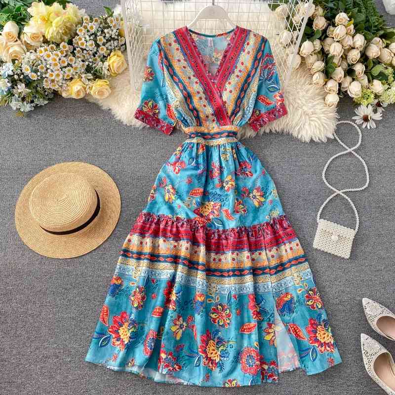 Retro Women Dress Vestidos Mujer Summer Short Sleeve Slim V-neck Vintage Printed Dresses Ladies Elegant Casual Robe 210602
Retro Women Dress Vestidos Mujer Summer Short Sleeve Slim V-neck Vintage Printed Dresses Ladies Elegant Casual Robe 210602