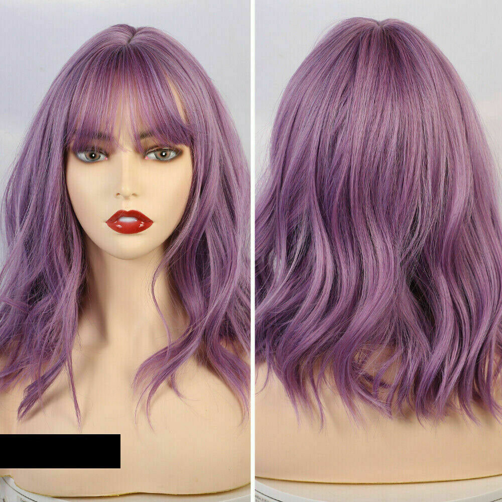 Purple Women's Wig is Fashion Short Wavy Thick Full Bangs Synthetic Cosplay Wig