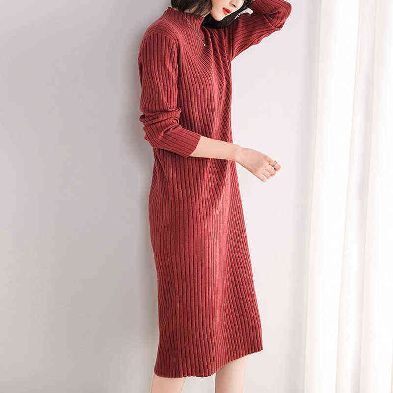 High Quality Sweater Dress for Women Knee-length Solid Color O-Neck Pullover Thick Autumn and Winter Brief Red Pink Black 211206