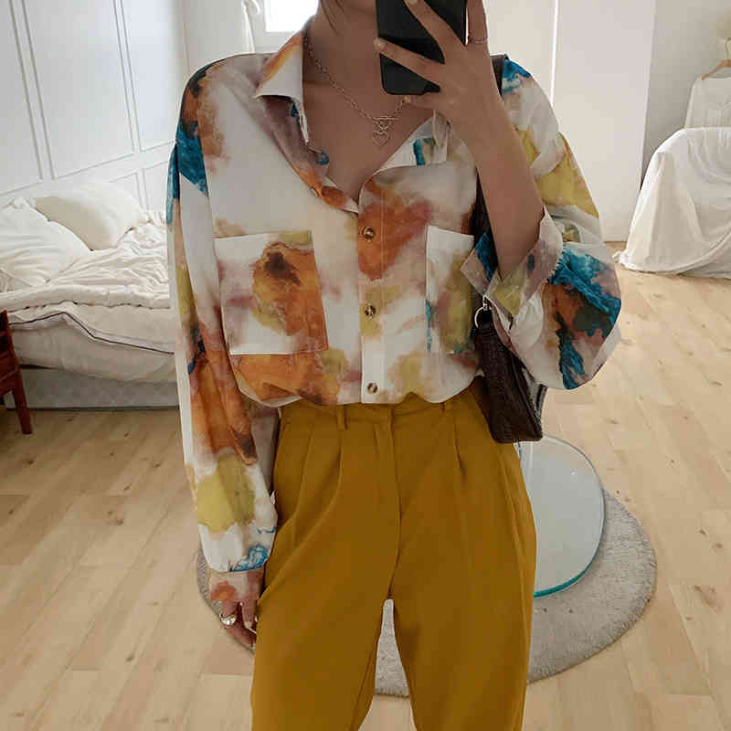 Autumn Oversized Shirt Long Sleeve Blouse Women Button Up Oil Painting Loose Top Korean Fashion Clothing 210427
