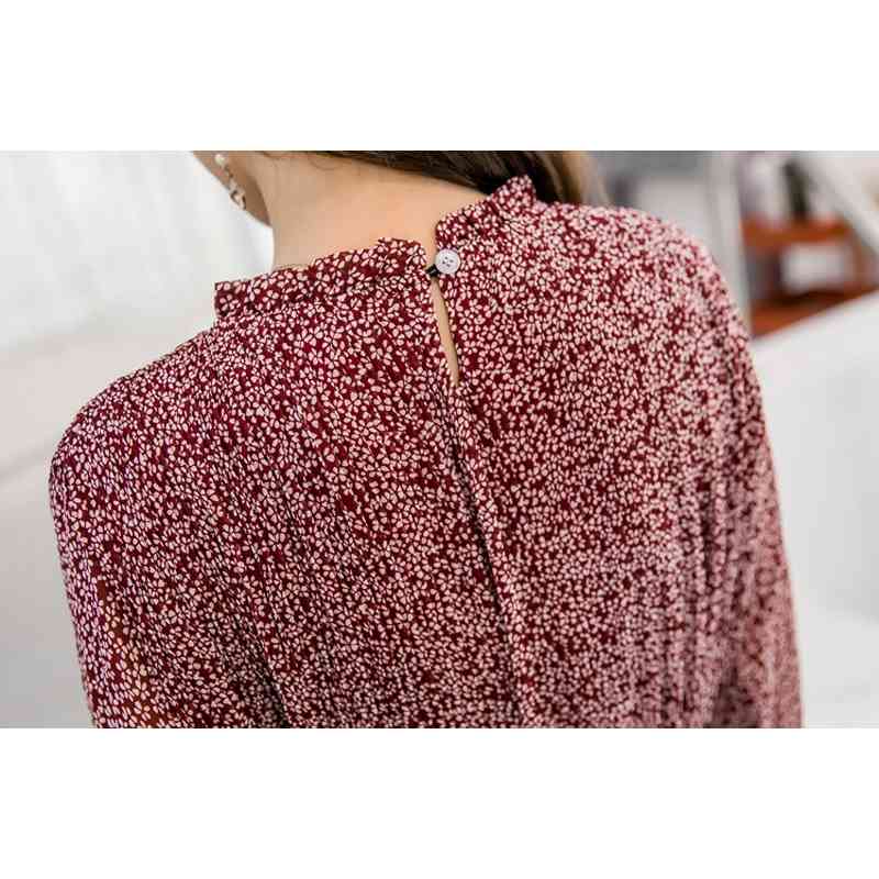 Spring A-line Long Chiffon Elegant Stand Collar Floral Print Women Full Sleeve Elastic Slim Waist Dress 210416