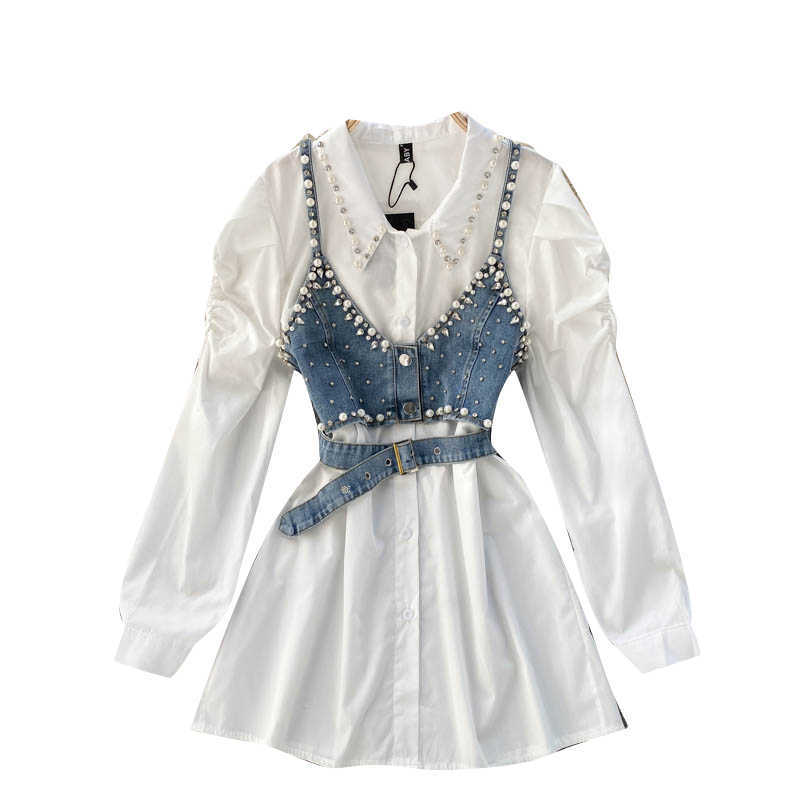 Women Fashion Lapel Beaded Long Sleeve White Shirt + Chic Sleeveless Vest Two-piece Sets R525 210527