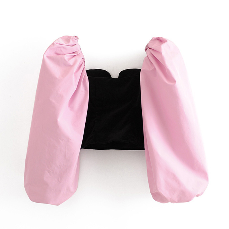 Vintage Stylish Spliced Velvet Short Blouses Women Fashion Back Zipper Smocks Elegant Ladies Long Lantern Sleeve Tops 210520