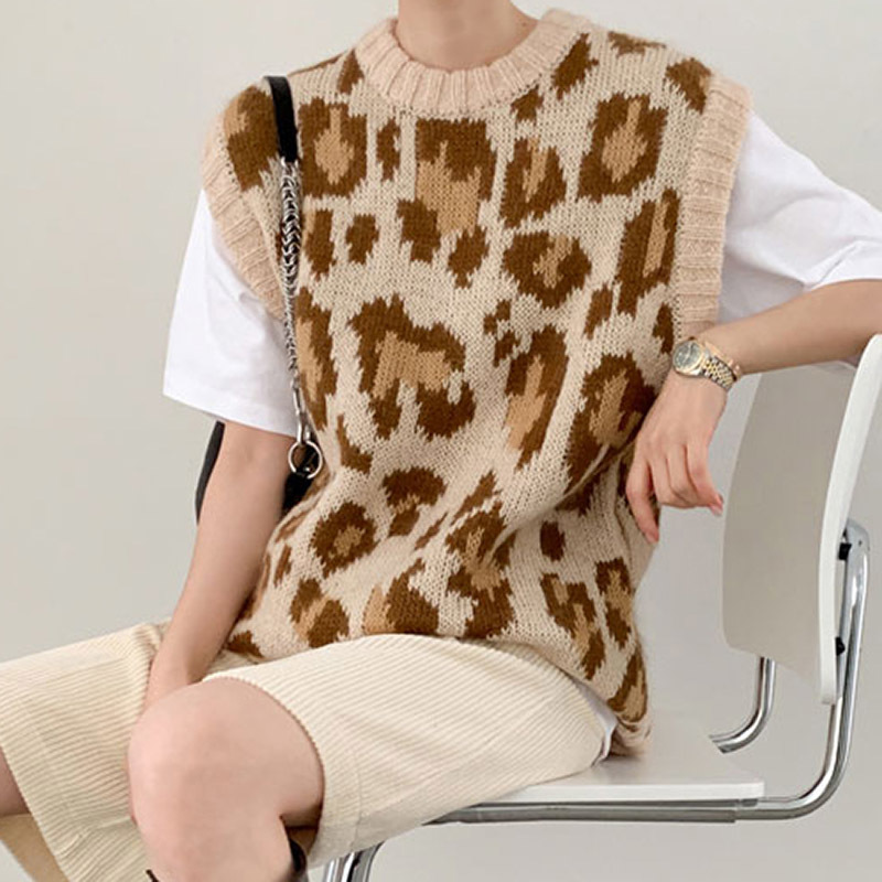 High Street Leopard Sweater Vest Women O Neck Pullover Sweaters Sleeveless Loose Fashion Knit Ladies Tops Autumn Spring 210414