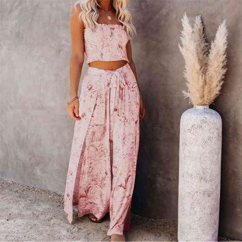 Sexy 2 Pieces Sets Blue Printing Beachwear Women Floral Clothes Tank Top Wide Leg Pants Outwear Beach Cover up A427 210420