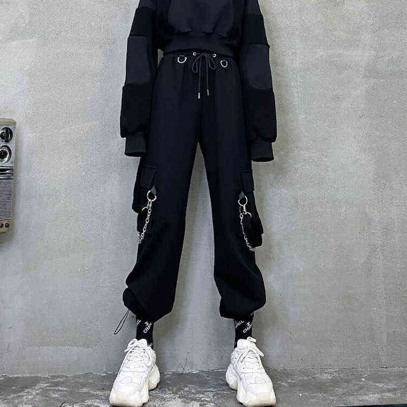QWEEK Punk Oversized Cargo Pants Women Gothic Streetwear Black Chain Harajuku Hippie Korean Street Style Trousers Female Hip Hop 211115