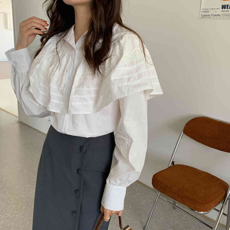 Ruffles Female Streetwear Stylish Chic Korean White Vintage Brief Solid All Match Retro Office Lady Shirts 210421